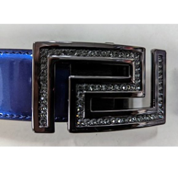 🆕 BLACK (STEEL COLOR) RHINESTONE GREEK DESIGN ROYAL BLUE STRAP AUTOMATIC BELT - Picture 2 of 4